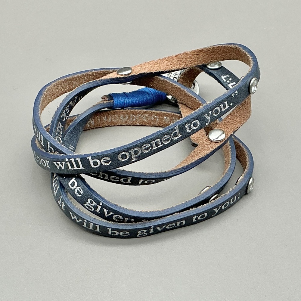 Good Work(s) Wrap Bracelet Women Blue Leather Matthew 7:7 Bible Verse Crystal